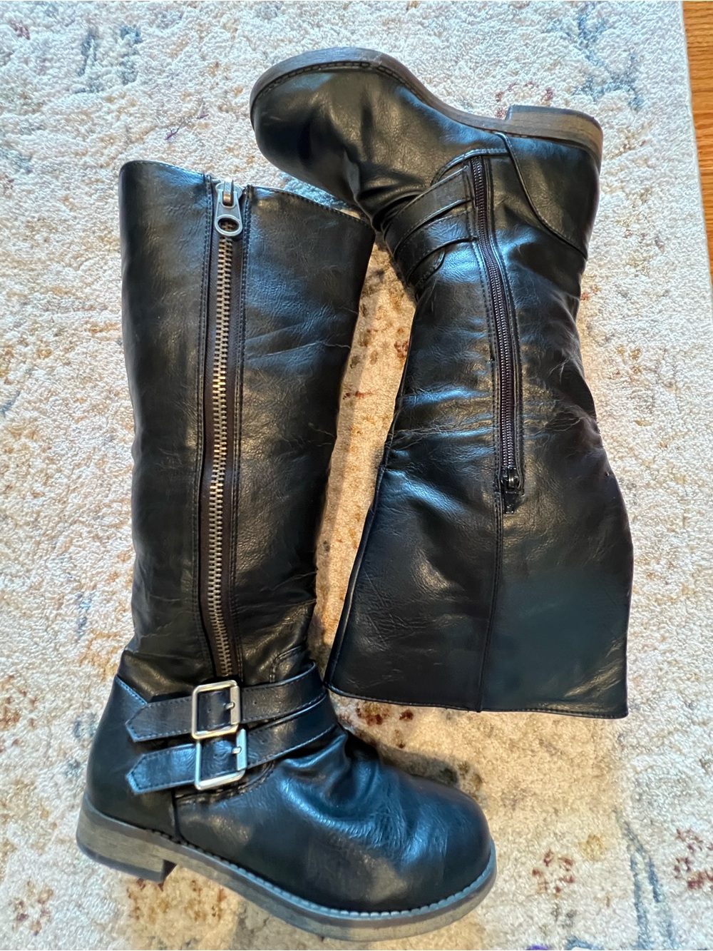 Ina Black Leather Mid-Calf Boots with Double Buckle and Side Zipper
